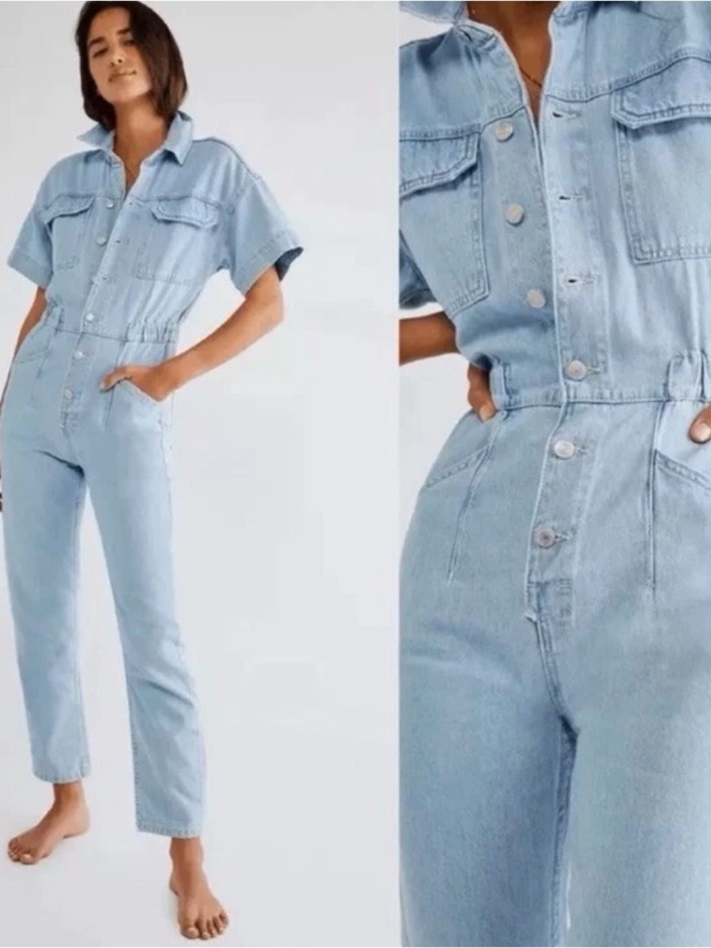 FP We The Free MARCI Light Blue Denim Short-Sleeve Jumpsuit Sz S